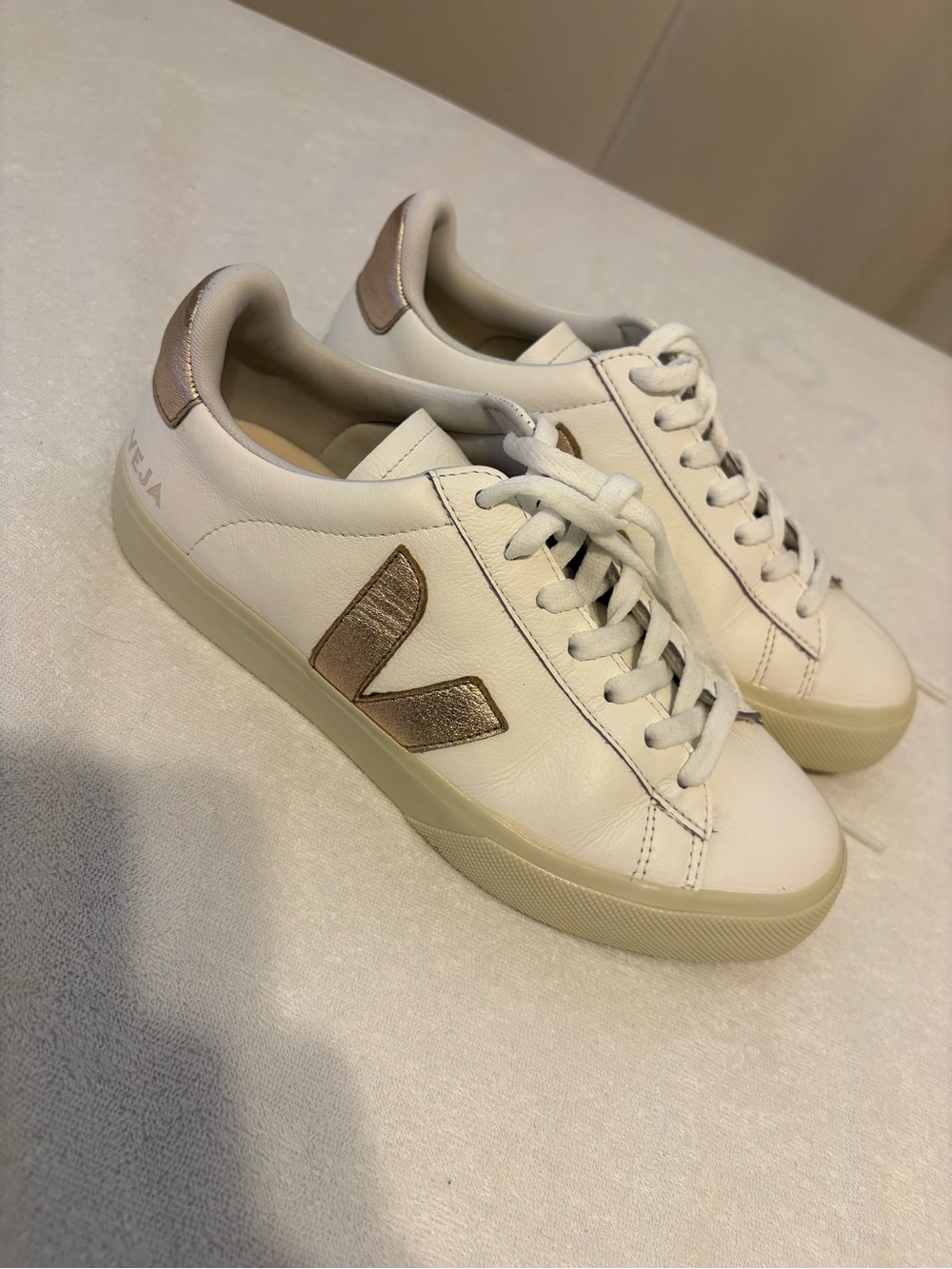 Veja White Leather Sneakers with Metallic Gold V Detail